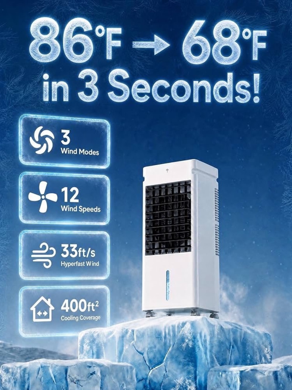 Portable White Evaporative Air Cooler - 3 Wind Modes, 12 Speeds